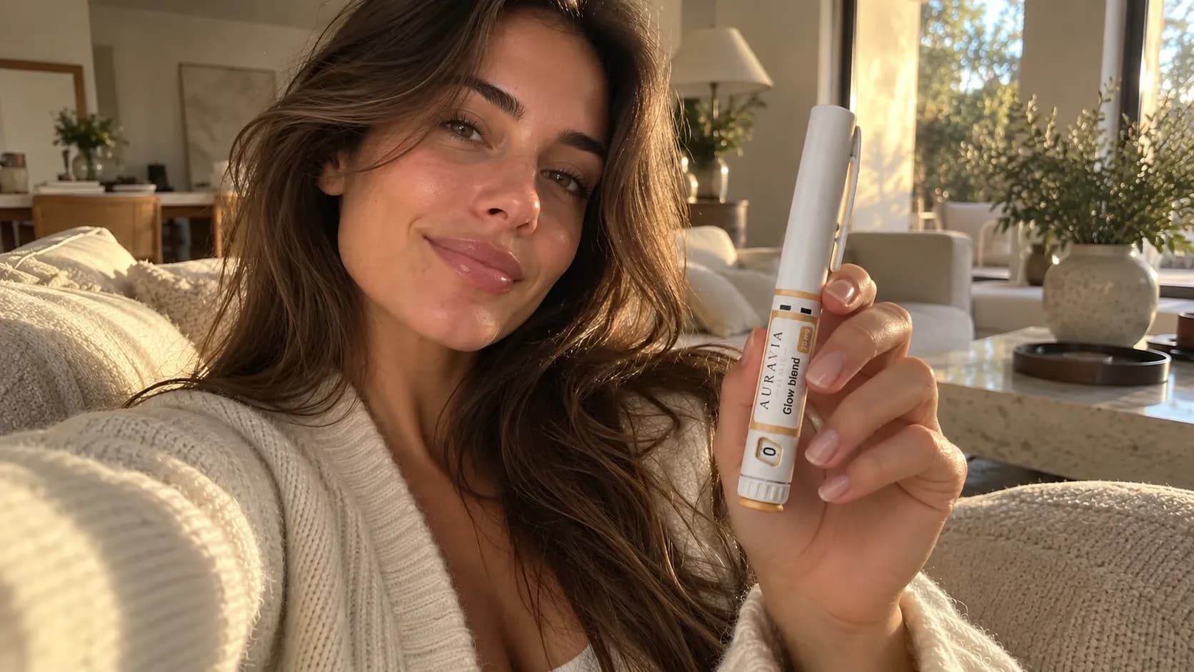 A creator holding an AuraVia pen up to the camera in a bright living room