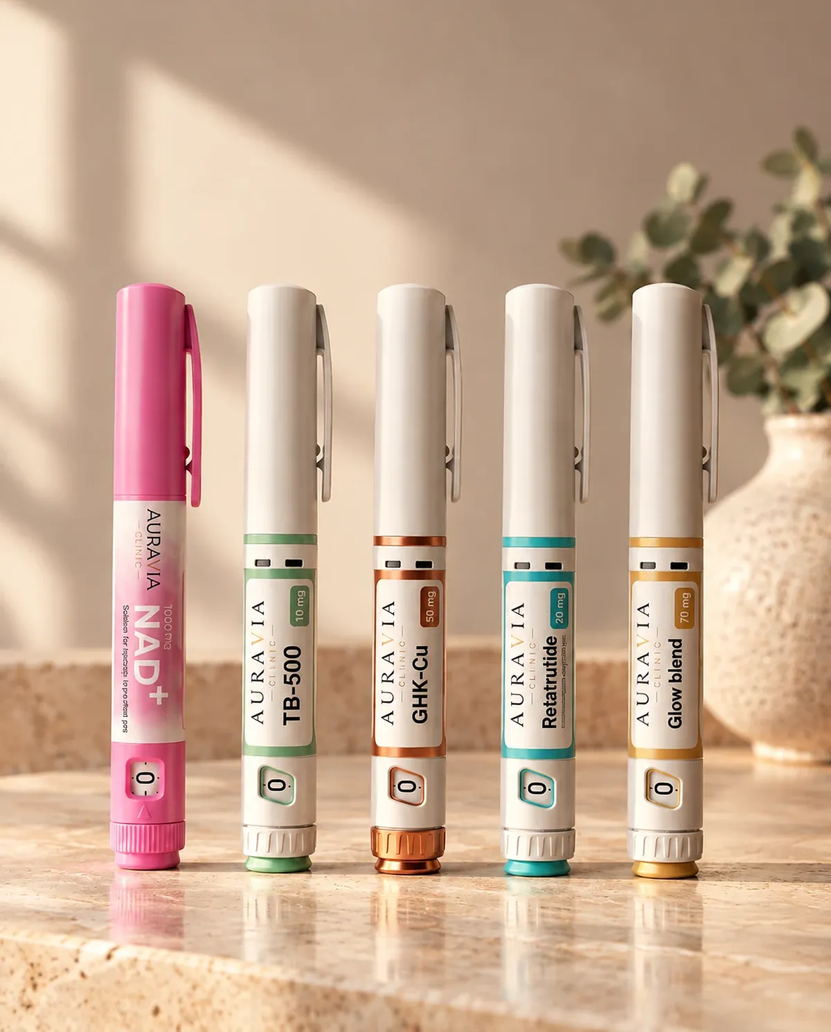 Row of AuraVia pre-filled research pens on a marble shelf in warm light